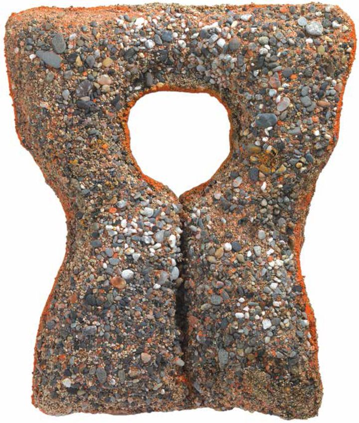 Passage V, life jacket, stones, cement and resins, 49 x 42 x 15 cm