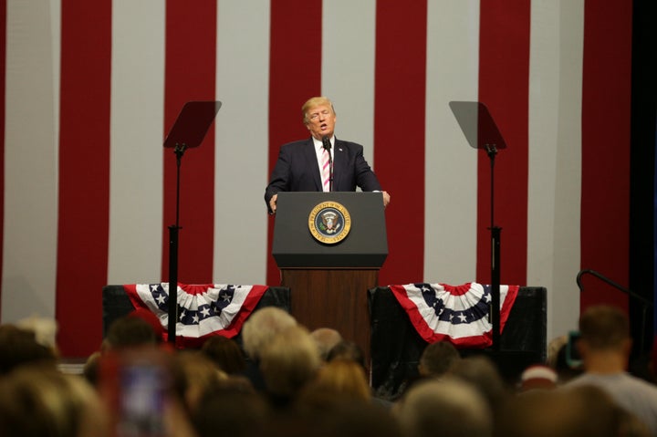 President Donald Trump speaks at a campaign rally for Sen. Luther Strange at the Von Braun Center in Huntsville, Alabama.