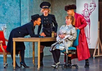 Escalus (Tristan Cunningham), Elbow (Annie Worden), Froth (Patty Gallagher), and Pompey (Kevin Matthew Reyes) in a scene from