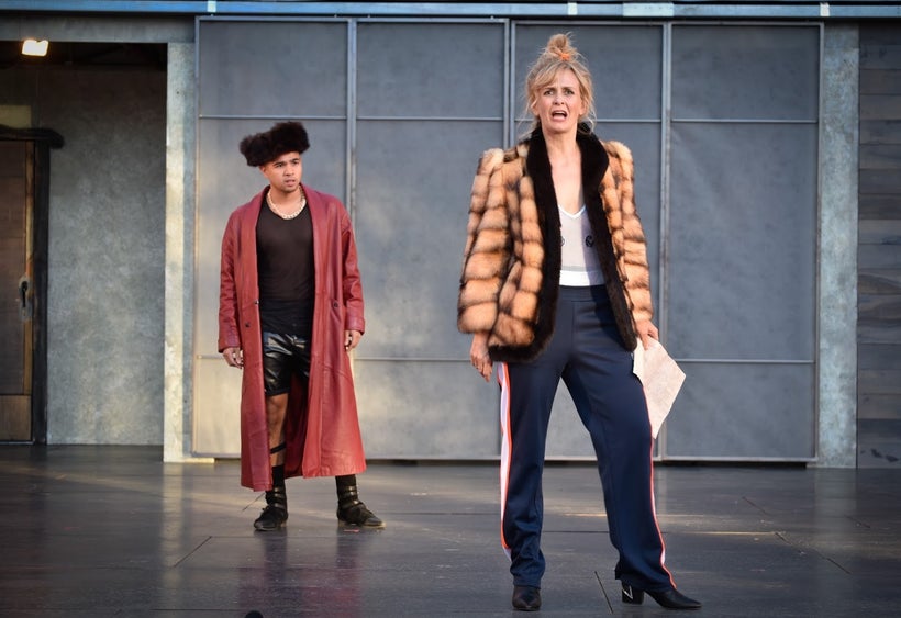 Pompey (Kevin Mathew Reyes) and Mistress Overdone (Annie Worden) in a scene from <strong><em>Measure for Measure</em></strong