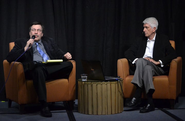 <p>Lee Speigel (left) interviewing Jacques Vallee at the International UFO Congress in 2016.</p>