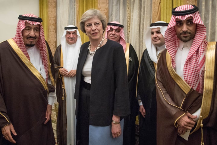 Prime Minister Theresa May meets King Salman bin Abdulaziz al Saud of Saudi Arabia (left) in Manama, Bahrain