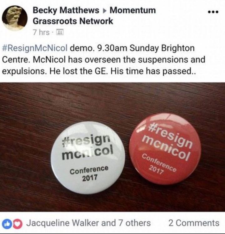 Badges calling for Labour's General Secretary Iain McNicol to quit.