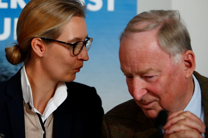 Co-lead AFD candidates Alexander Gauland and Alice Weidel attend a news conference in Berlin, Germany Sept. 18, 2017.