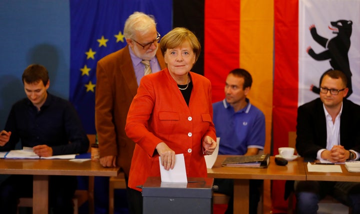 German Chancellor and leader of the Christian Democratic Union CDU Angela Merkel votes in the general election (Bundestagswahl) in Berlin, Germany, Sept. 24, 2017.