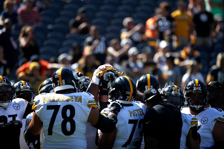 The Pittsburgh Steelers huddle up during warm-ups prior to the game against the Chicago Bears at Soldier Field on Sept. 24, 2017 in Chicago, Illinois.