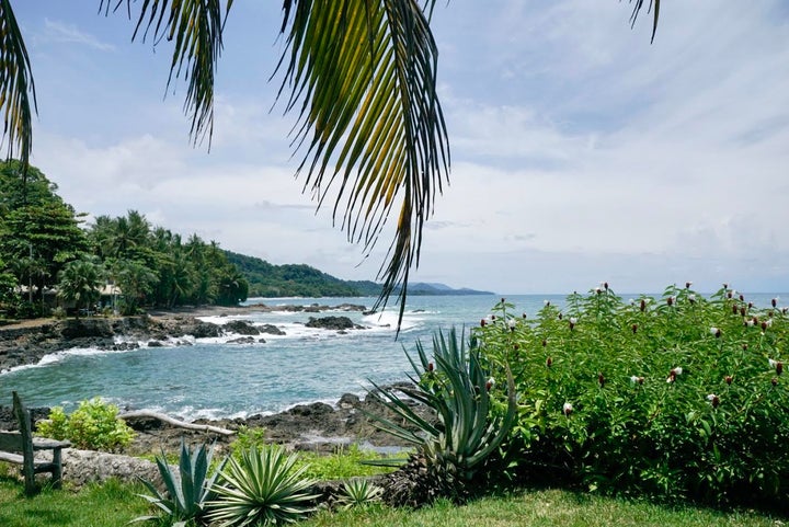 View of the coastline towards Cabo Blanco and Cabuya Island from hotel, Amor De Mar