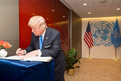 President Trump signs guest book at UN on Sept. 19