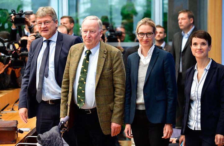 AfD officials at a press conference on Monday, after it won seats in the Bundestag.(L-R) Co-leader Joerg Meuthen, top candidate Alexander Gauland, top candidate Alice Weidel and co-leader Frauke Petry.Petry later said she wouldn't join the AfD's party's parliamentary group and walked out of the press conference, amid a bitter dispute with more hardline colleagues.
