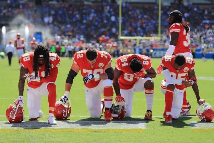 Players from the Kansas City Chiefs seen taking a knee before a game on Sept. 24.