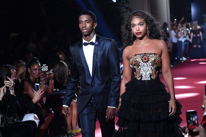 Christian Combs and Lori Harvey walk the runway at the Dolce & Gabbana secret show during Milan Fashion Week Spring/Summer 2018 at Bar Martini on 23 September 2017.