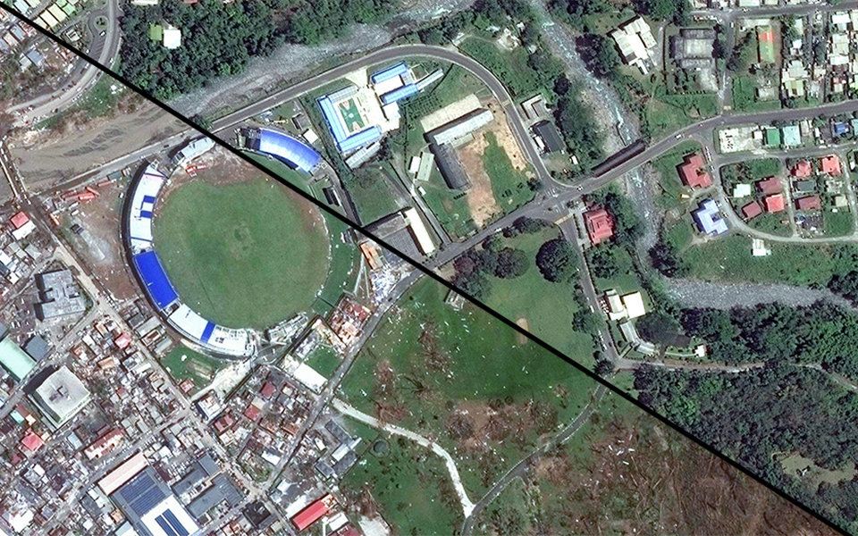 Satellite images of Roseau, the capital of Dominica, on May 1 (right) and Sept. 22, 2017.
