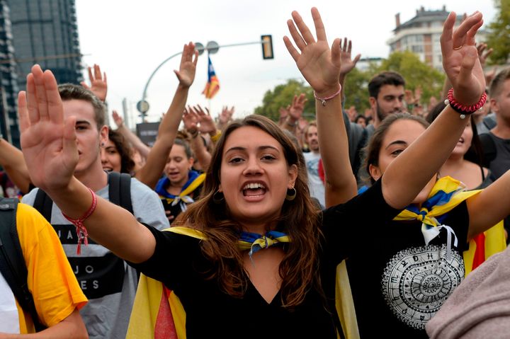 Catalan students during a pro-referendum demonstration in Barcelona, Spain, Sept. 22.