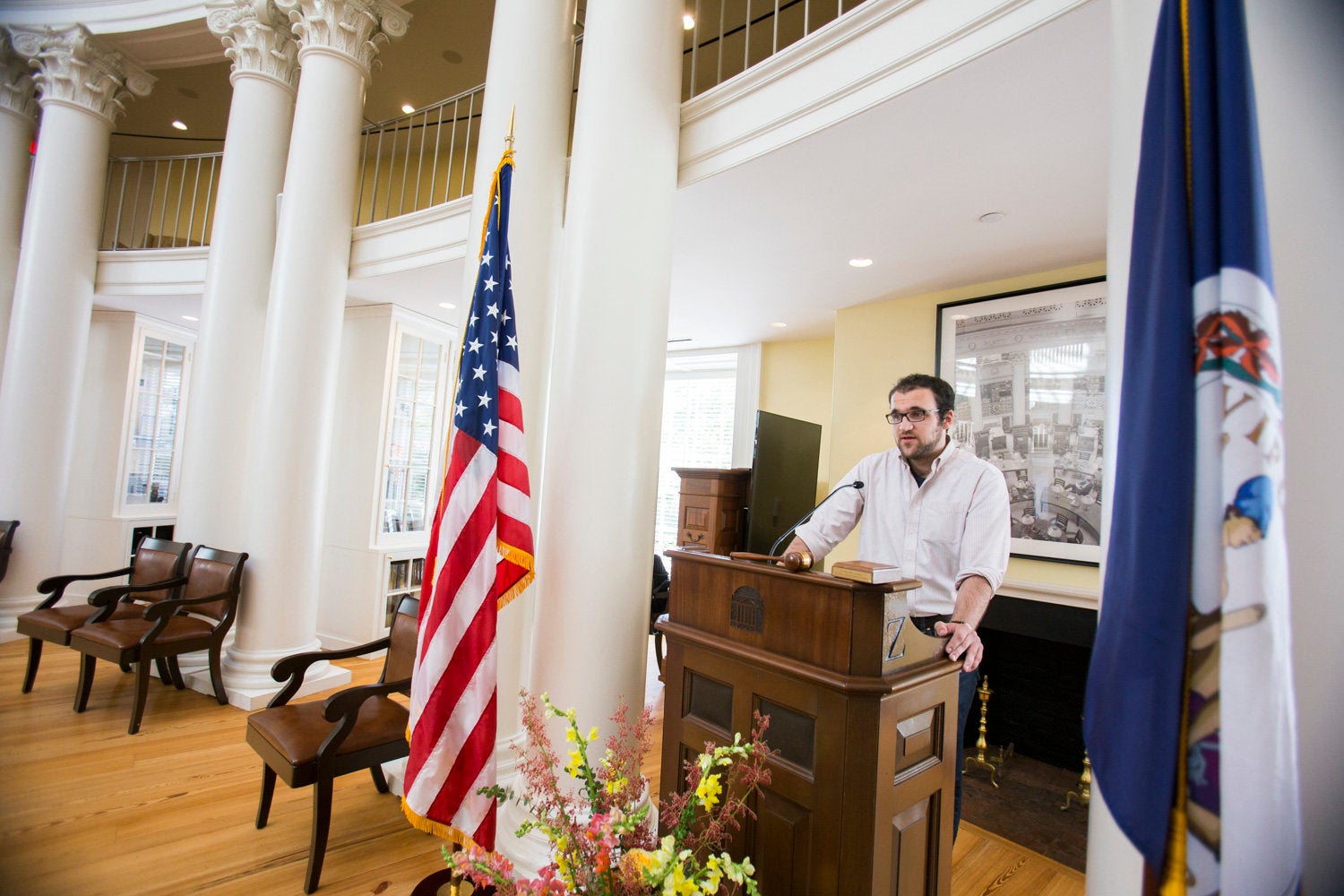 David Birkenthal, student council chair of the representative body at the University of Virginia, speaks inside the Dome Room