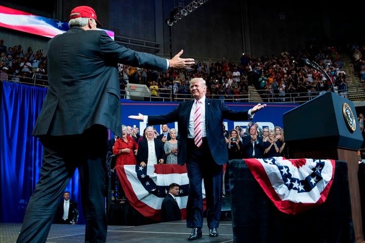 President Donald Trump prepares to embrace Sen. Luther Strange at a Sept. 22 rally in Huntsville, Alabama. 