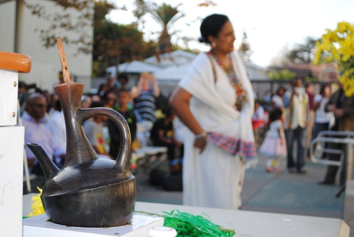 Traditional Ethiopian Coffee is prepared while Ethiopian song and dance are performed for the audience. 