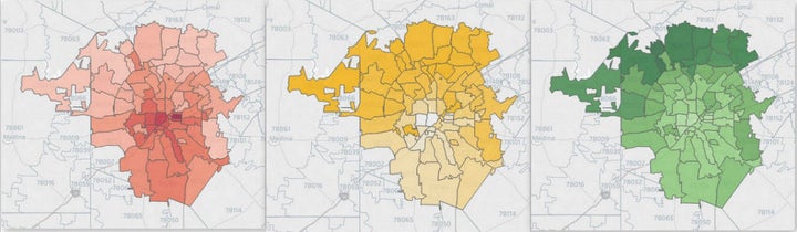 L-R, percent of population below poverty level, educational attainment (population with high school diploma or GED) and median household income. Source: U.S. Census Bureau 2010, American Community Survey 2015 Estimates. 