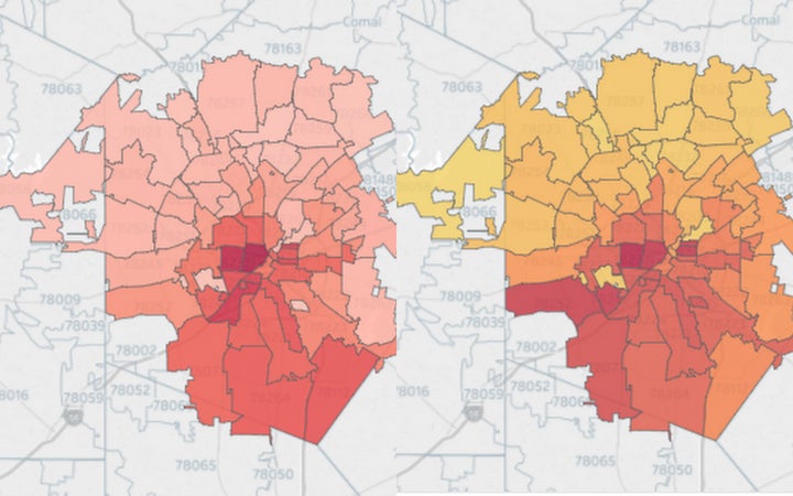 L-R. Percent of population with less than a ninth grade education; and percent of population with between a ninth and a twelfth grade education, but who left without attaining a diploma or a GED.