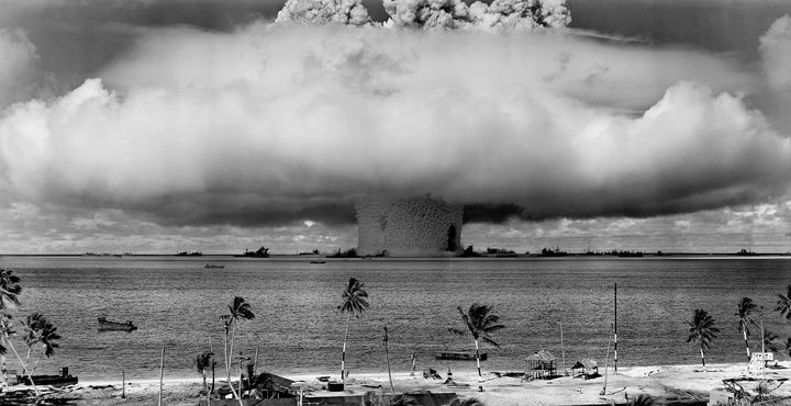 <p>Nuclear testing at Bikini Atoll, 1946.</p>