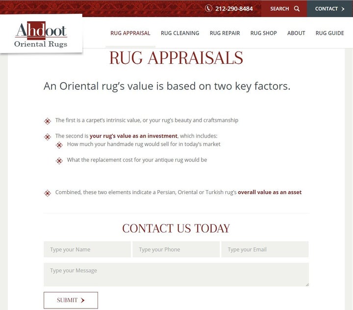 Ahdroot successfully conveys to users where they should take action on their website, Photo Credit: Ahdroot Oriental Rugs