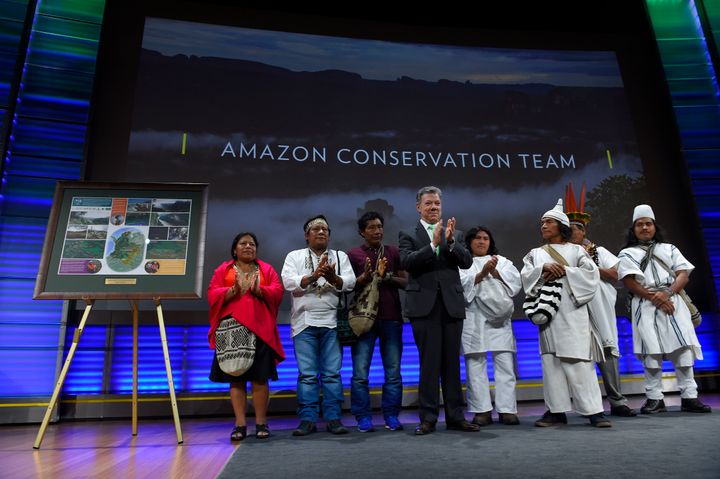 Washington, DC. The National Geographic Society, the Amazon Conservation Team, and leaders from the Murui-Muina, Inga, Kametza, Kogi and Arhuaco tribes celebrate Colombian president for his leadership in environmental conservation and his commitment to the preservation of biodiversity. 
