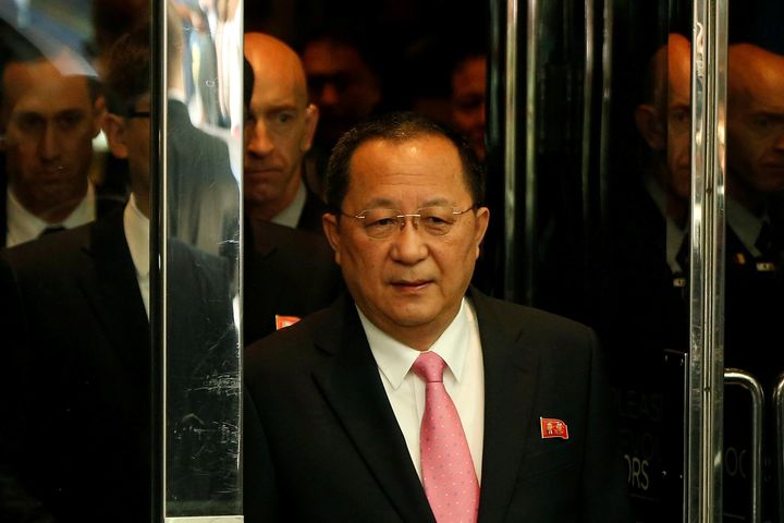 North Korean Foreign Minister Ri Yong Ho walks to speak to the media in New York on Sept. 25.