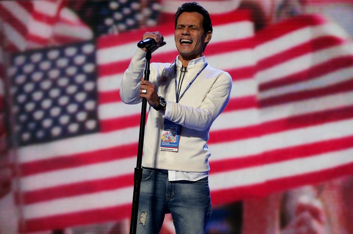 Singer Marc Anthony rehearses the national anthem prior to the final session of the Democratic National Convention in 2012.