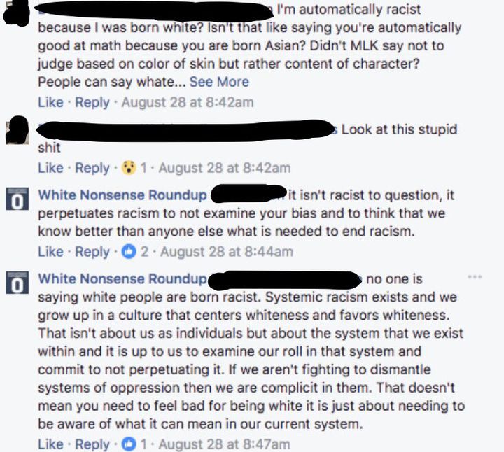 A public exchange on White Nonsense Roundup's public Facebook page.