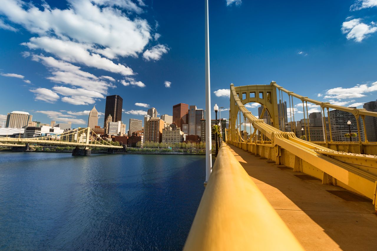 A view of the Roberto Clemente Bridge over the Allegheny River in Pittsburgh. Mayor William Peduto has welcomed the self-driving car industry to the city.