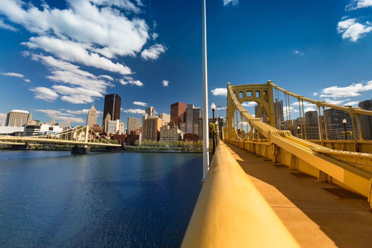 A view of the Roberto Clemente Bridge over the Allegheny River in Pittsburgh. Mayor William Peduto has welcomed the self-driving car industry to the city.