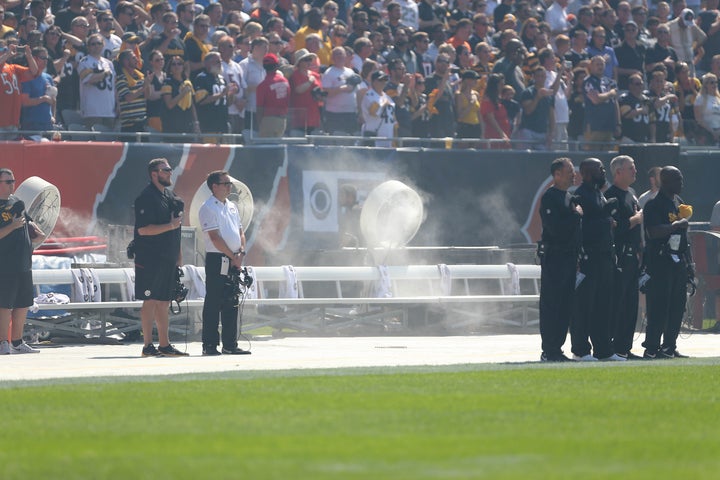 The Pittsburgh Steelers' bench was empty during the national anthem at Chicago's Soldier Field on Sunday.