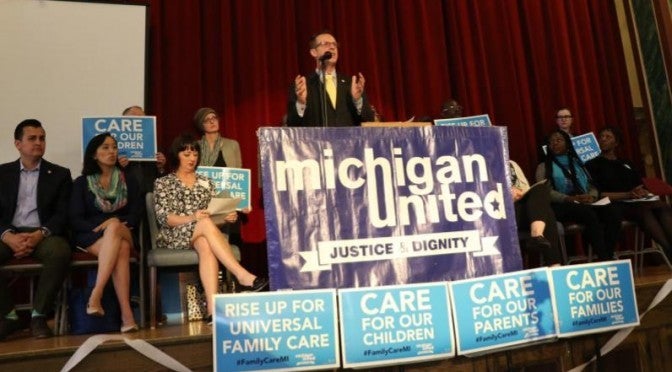 Rep. Hoadley (D-Kalamazoo) presents Long-Term Care Study Bill (HB 4674) at the launch of the campaign for Universal Family Ca