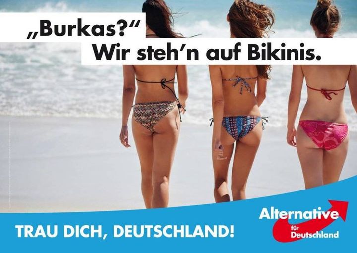 Burkas? We stand on bikinis. Alternative for Germany political poster