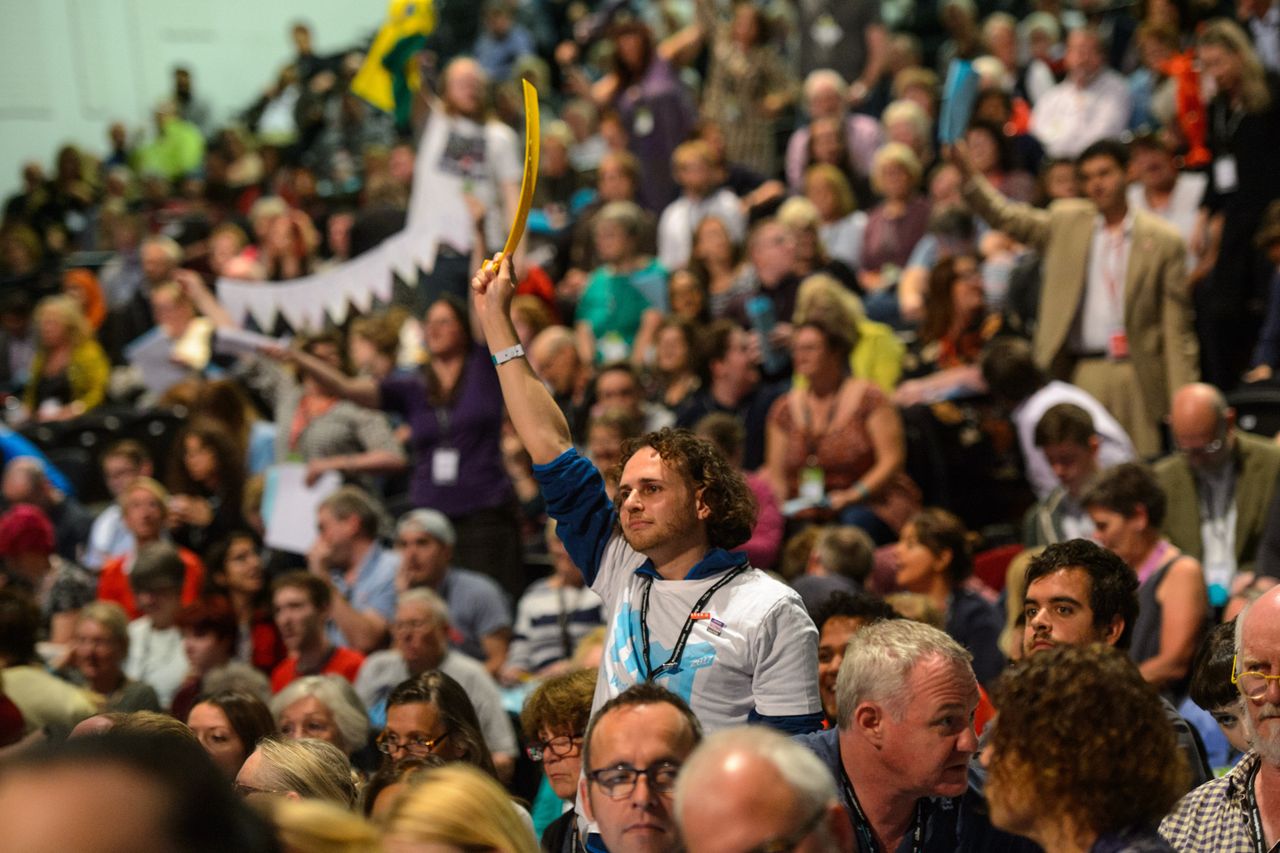 Delegates ask to speak during during the Labour Party conference in Brighton