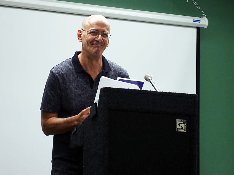 <em>Bob Brody speaking at his book signing for “Playing Catch with Strangers” at the Forest Hills Library on September 16, 20