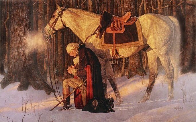 Portrait of President Washington kneeling at Valley Forge.