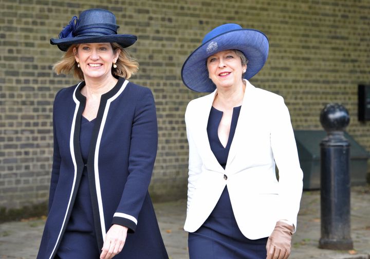 Prime Minister Theresa May and Home Secretary Amber Rudd (left)arrive ahead of a ceremonial welcome for King Felipe VI and Letizia of Spain during his State Visit to the UK