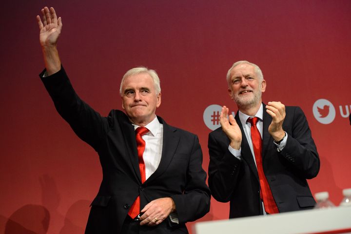 Shadow Chancellor John McDonnell and Labour leader Jeremy Corbyn pictured after McDonnell's speech during the Labour Party conference in Brighton