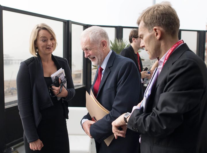 Laura Kuenssberg talks with Jeremy Corbyn (centre) and his press aide Seamus Milne (right) at Labour's conference in Brighton