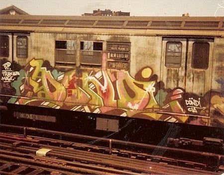 <p>Heavily tagged IRT train in the 70’s</p>