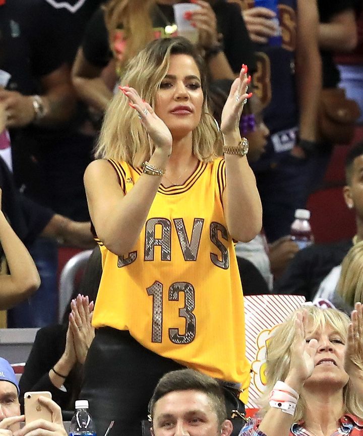 Khloe Kardashian cheers at a Cleveland Cavaliers game. 