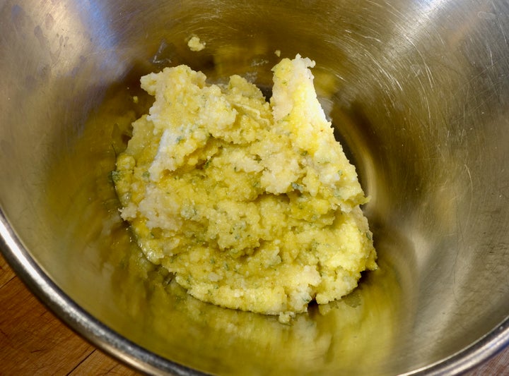 Before adding the flour, transfer the mixture to a bowl and work by hand