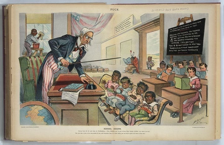 A print from 1899, the year after the United States took control of Puerto Rico, shows Uncle Sam lecturing "Cuba, Porto Rico, Hawaii, [and] Philippines."