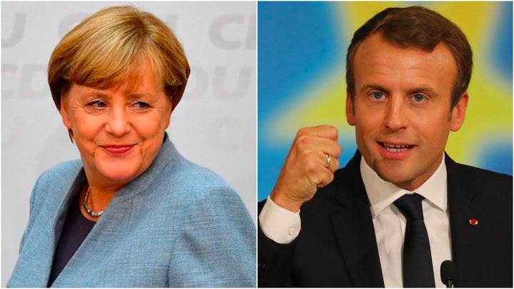 German Chancellor Angela Merkel in Berlin on Sept. 25 (left) and French President Emmanuel Macron in Paris on Sept. 26.