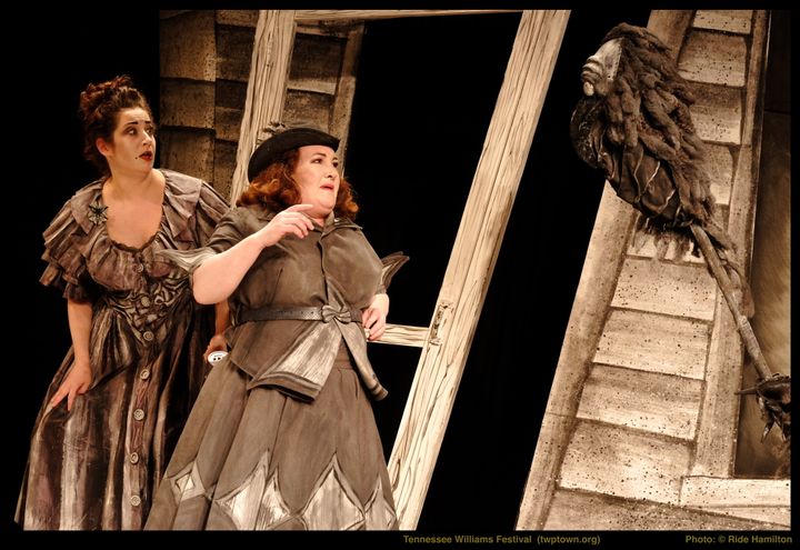 (l to r) Rachel Hirshorn as Molly, Anthea Thompson as Polly, and Randall Rapstine as the Cocaloony in Texas Tech University’s production of The Gnädiges Fräulein, by Tennessee Williams.