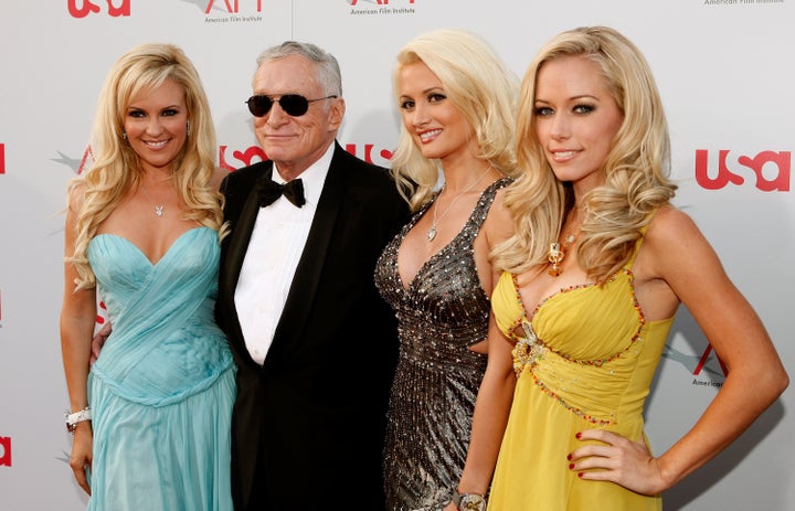 Holly Madison, Hugh Hefner, Bridget Marquardt, and Kendra Wilkinson in 2008. 