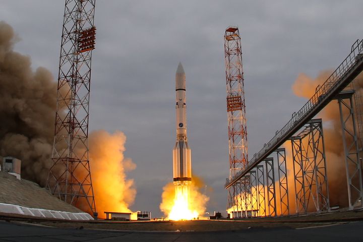 A Proton-M rocket carrying ExoMars 2016 spacecraft blasts off from the Baikonur Cosmodrome.