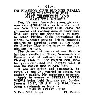 The job listing for the Playboy Club that Gloria Steinem answered in 1963.