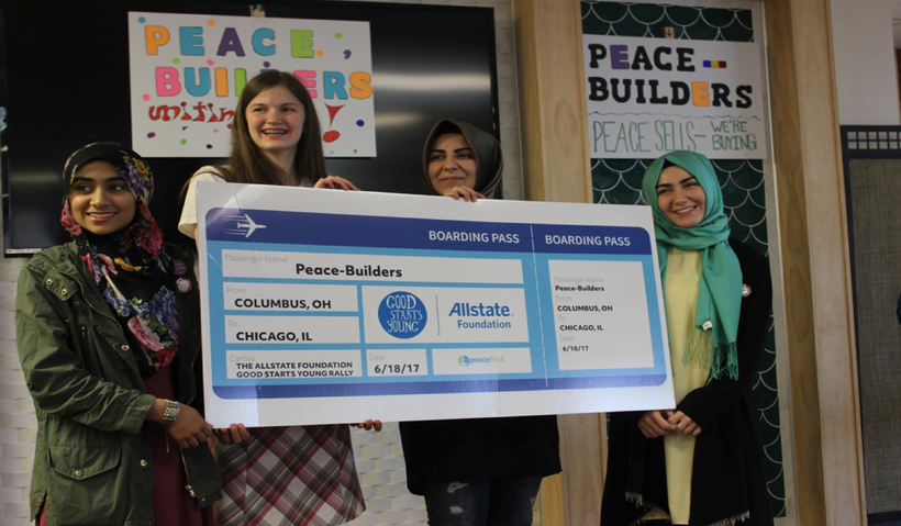 <em>The Peace-Builders team after winning a spot to participate in Peace First Challenge Accelerator, The Allstate Foundation
