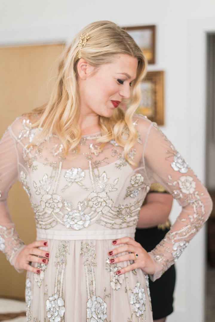 The bride went to <a href="http://www.huffingtonpost.com/topic/bhldn">BHLDN</a> for her dress. "When you plan a wedding in six weeks, you need a dress that fits and can be taken home that day."